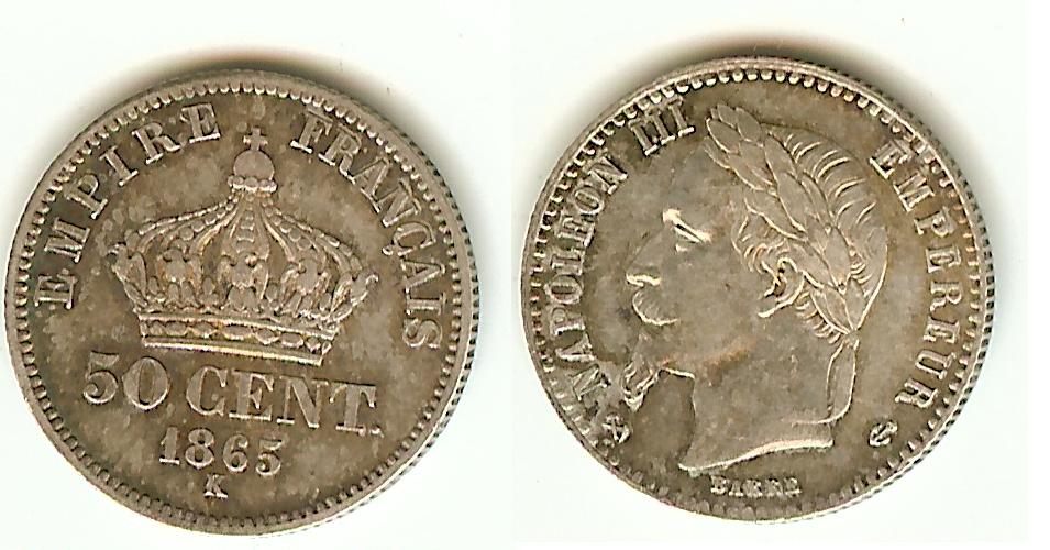 50 centimes Napoléon III, tête laurée 1865K Bordeaux TTB++